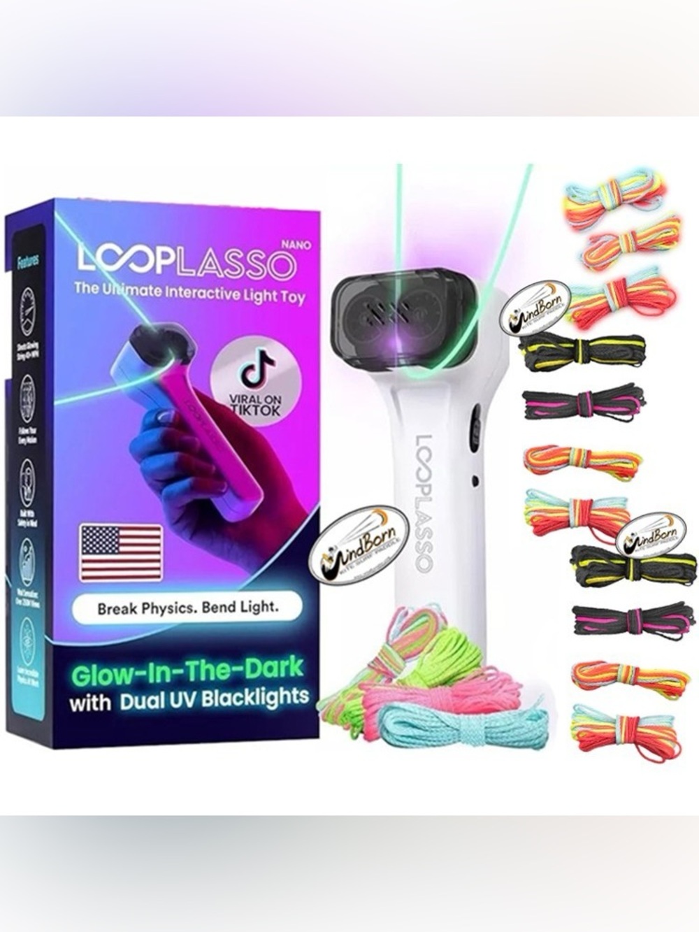Loop Lasso Neon  Light Toy - White with Multicolor Cords